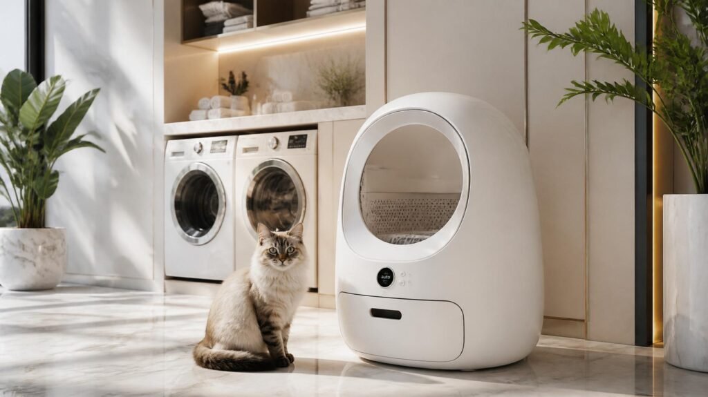 A sleek, futuristic white smart self-cleaning cat litter box placed elegantly in a luxurious, sunlit modern laundry room with marble floors and aesthetic indoor plants. Clean, minimalist, high-end interior design photography