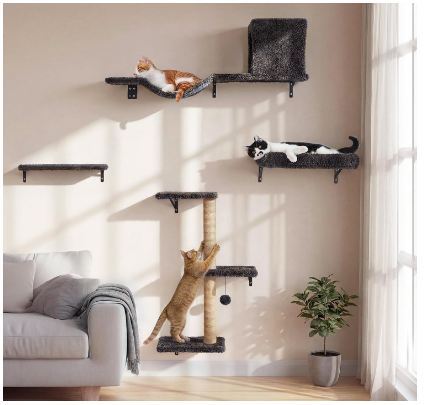 FUKUMARU Cat Wall Shelves, 4 in 1 Set, Grey Stable & Safe Cat Walls Furniture, Wooden Kitten Climbing Wall with Scratching Post for 16 Inch Drywall