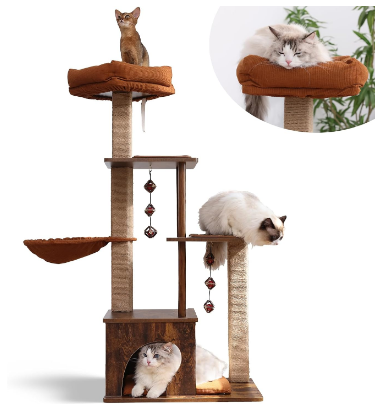 FUKUMARU Retro-Modern Cat Tree, 4 in 1 Large Cat Tower with Hammock & Condo 53.5" Aesthetic Cat Tree Tower for Indoor Adult Large Cats, Brown Cat Climber Stand with Jute Post and Silvervine Balls