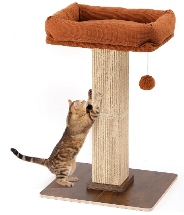 UKUMARU Retro-Style Cat Scratching Post with Perch for Indoor Adult Cats 28.7" Elevated Tall Cat Bed, Solid Wood Large Cat Scratcher Tower with Bed, Aesthetic Cat Tree Furniture with Natural Sisal