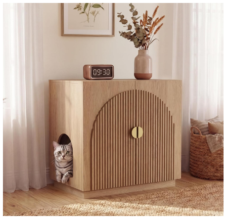 Hidden Litter Box Credenzas Large Litter Box Enclosure, Fluted Hidden Cat Litter Box Cabinet with Storage, Symmetrical Curved Accent Sideboard Furniture (Natural)