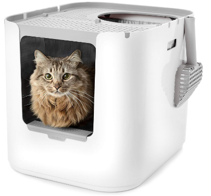 Modkat XL Cat Litter Box, Top or Front-Entry, Liner, Scoop & Filters, White Configurable top or front entry with reusable liners, charcoal filters and a seamless leak-resistant base