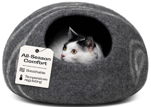 Cat Cave – Premium Felt Cat Bed Bed Enclosure for Indoor Cats, Handmade Merino Wool (Dark Grey, Medium)