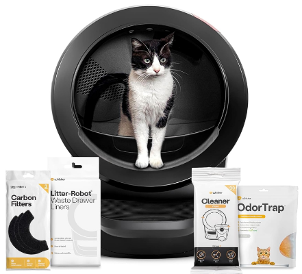 Whisker Litter-Robot 4 Whisker Litter-Robot 4 Supply Bundle, Black
Automatic, Self-Cleaning Cat Litter Box, Includes 3 OdorTrap Refills, 10 Liners, 30 Cleaner Wipes, & 2 Carbon Filters