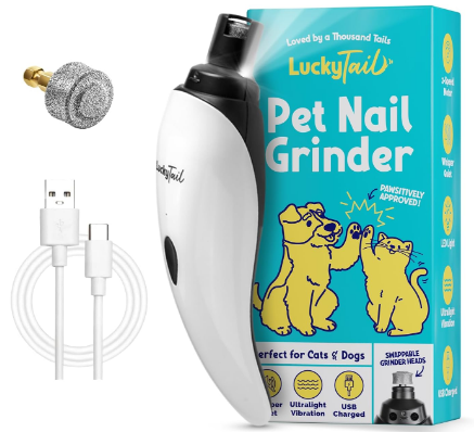 LuckyTail Pet Nail Grinder for Dogs and Cats - Super Quiet and Low Vibration Electric Dog Nail Grinder with 2 LED Lights - USB Rechargeable and Cordless - 2 Speeds - Small to Large Pets