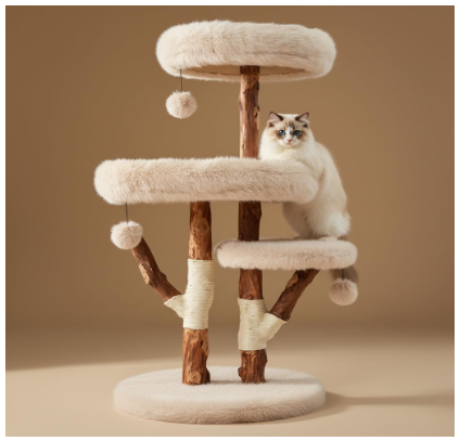 cat tree Erinnyees 44" Heavy-Duty Stable Natural Wood Cat Tree for Large Cats
45 lb solid cat tower with real wood branches, 3-tier plush perches, sisal scratching posts, and hanging pom-pom toys
