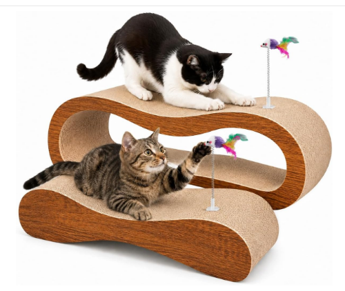 reversible cardboard scratcher Simple Deluxe 2 in 1 Cats Scratching Pads, Large Horizontal Cardboard Cat Scratcher with 2 Plug-in Teaser Wand, 100% Recyclable & Reversible Scratching Board