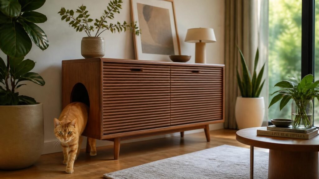 Mid-century modern wooden credenza hidden litter box enclosure in a luxury living room