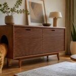 Mid-century modern wooden credenza hidden litter box enclosure in a luxury living room