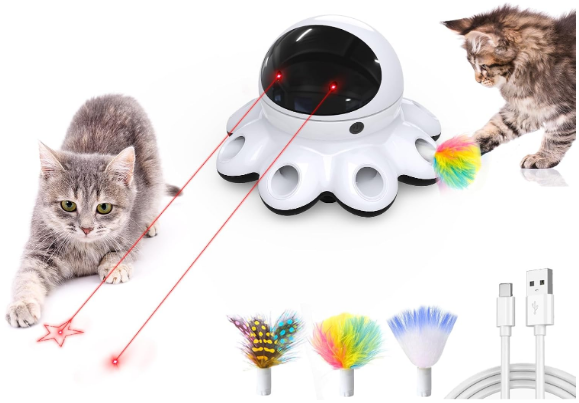 Minimalist automatic smart cat toy on a hardwood floor