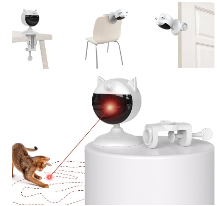 Minimalist aesthetic automatic laser cat toy sitting on a designer table