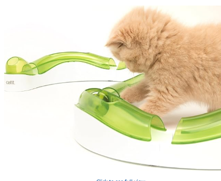 Modular enrichment cat track center and active toy puzzle on a hardwood floor