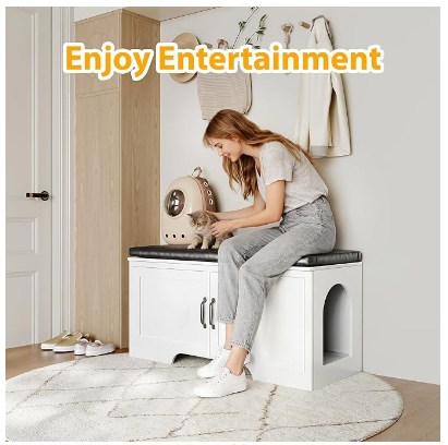 Minimalist white entryway bench functioning as a hidden litter box