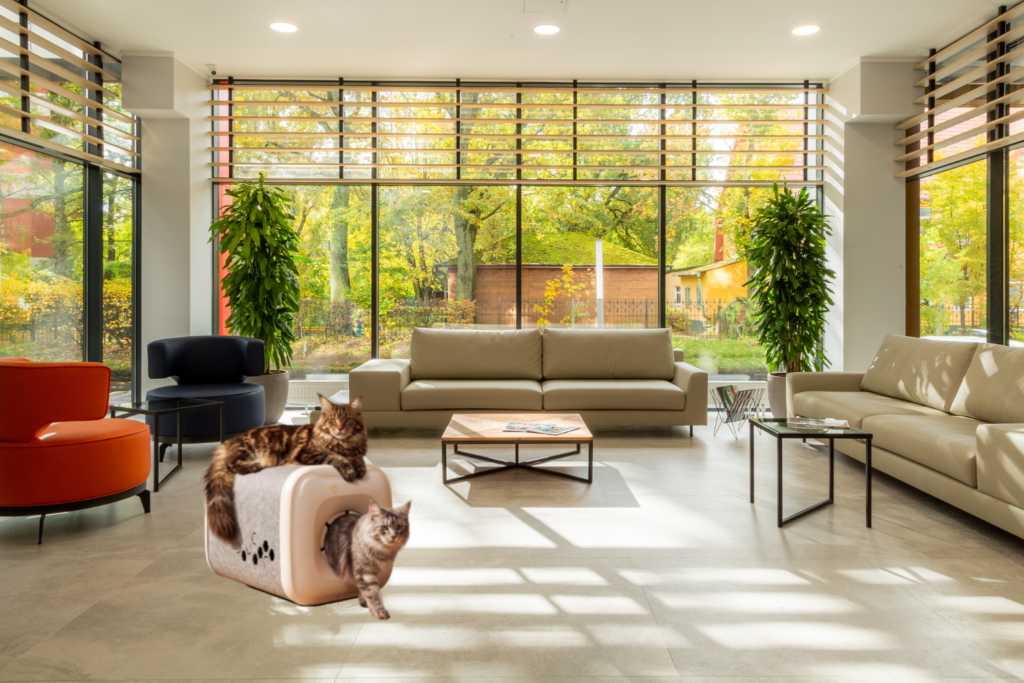 Large fluffy cat using a modern self-grooming house in a luxury living room