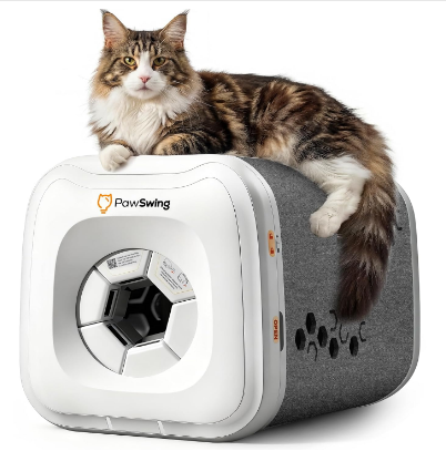 Large fluffy cat using a modern self-grooming house in a luxury living room
