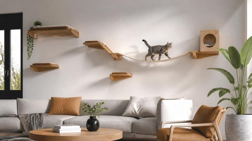 Minimalist wall-mounted cat furniture and floating shelves in a modern home