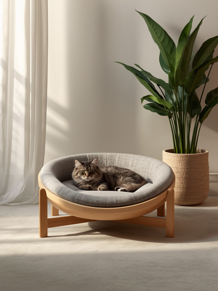 Sleek mid-century modern wood cat bed and aesthetic pet furniture