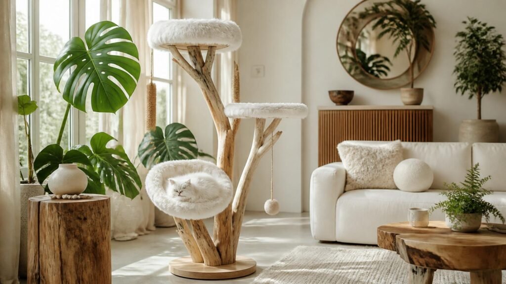Aesthetic natural wood cat tree with white plush baskets in a modern boho living room