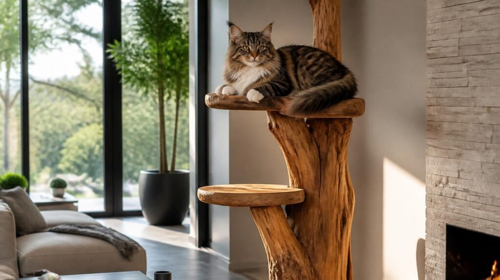 Large Norwegian Forest Cat resting on a heavy-duty modern wooden cat tree