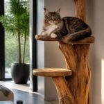 Large Norwegian Forest Cat resting on a heavy-duty modern wooden cat tree