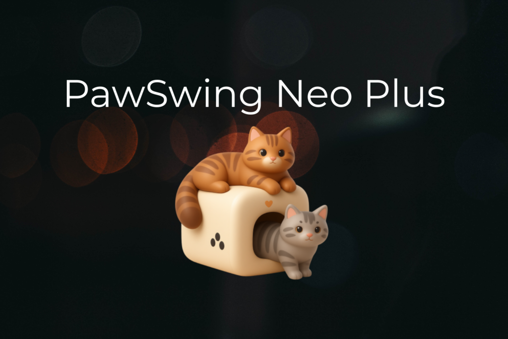 Large long-haired cat using PawSwing Neo Plus self-grooming house in a modern living room