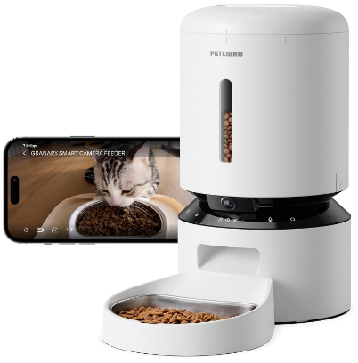 Smart automatic cat feeder in a modern aesthetic kitchen