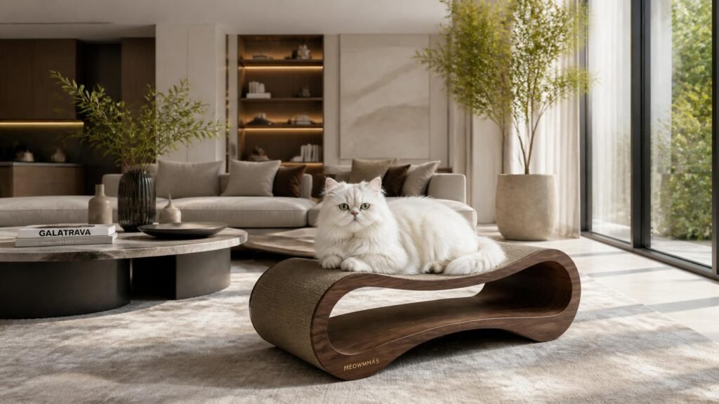 Modern curved wooden cat scratcher in a luxury living room