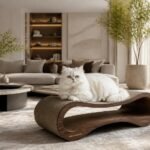 Modern curved wooden cat scratcher in a luxury living room