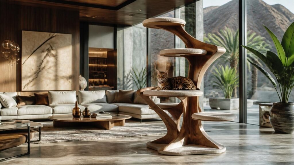 Luxury modern wooden cat tree in a beautifully designed minimalist living room
