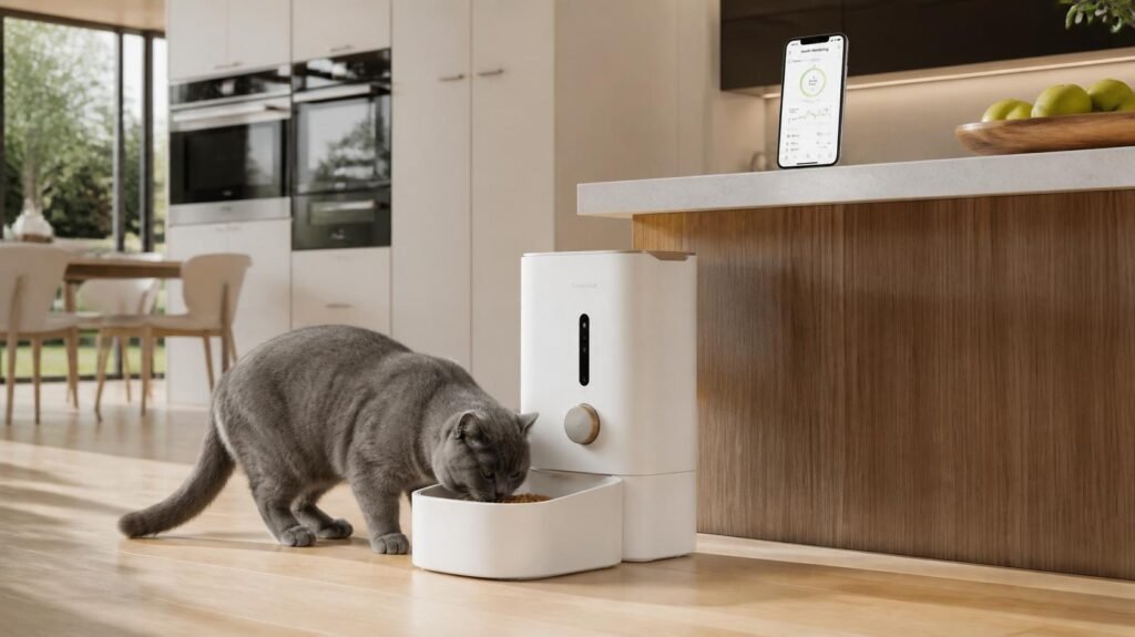 Smart microchip cat feeder and health tracking app in a luxury modern kitchen