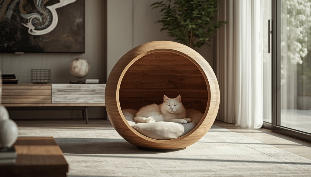Luxury mid-century modern wooden cat pod bed in an elegant minimalist living room