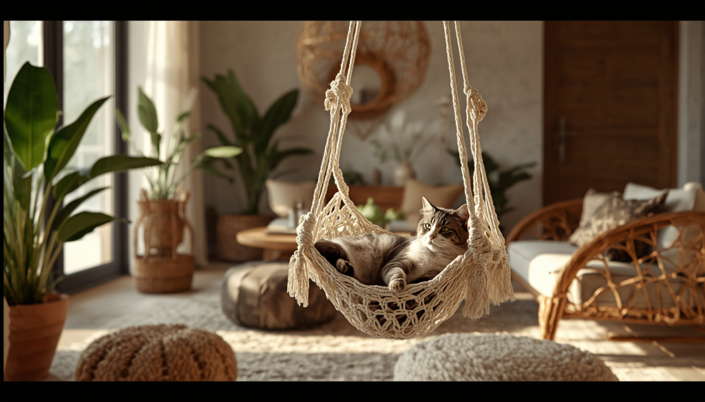 Boho chic macrame hanging cat hammock bed for aesthetic sunrooms