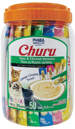 INABA Churu Cat Treats, Lickable, Squeezable Creamy Purée Cat Treat with Green Tea Extract & Taurine, 0.5 Ounces Each Tube, 50 Tubes, Tuna & Chicken Variety