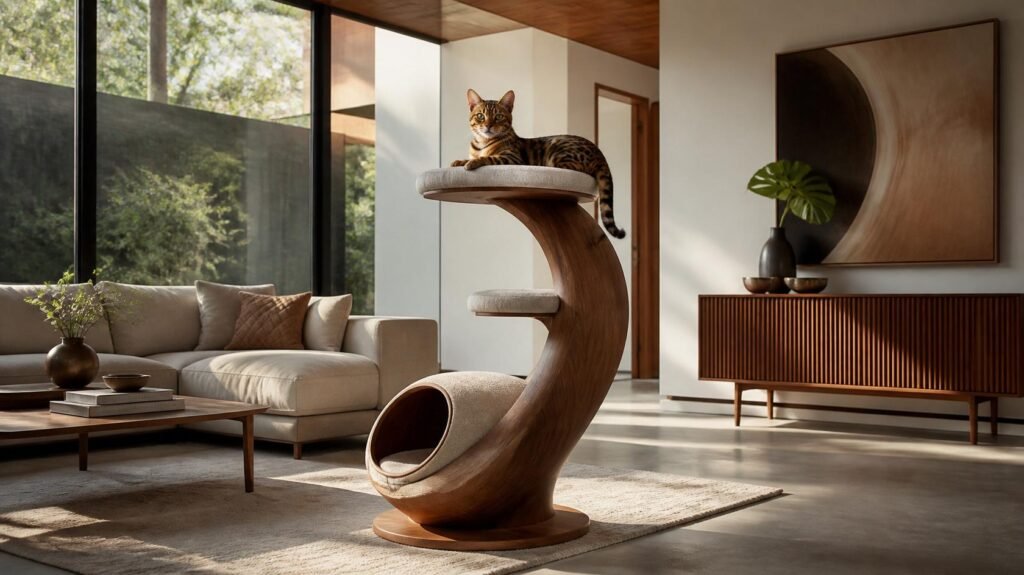 Luxury modern wooden cat tree in a beautifully designed minimalist living room