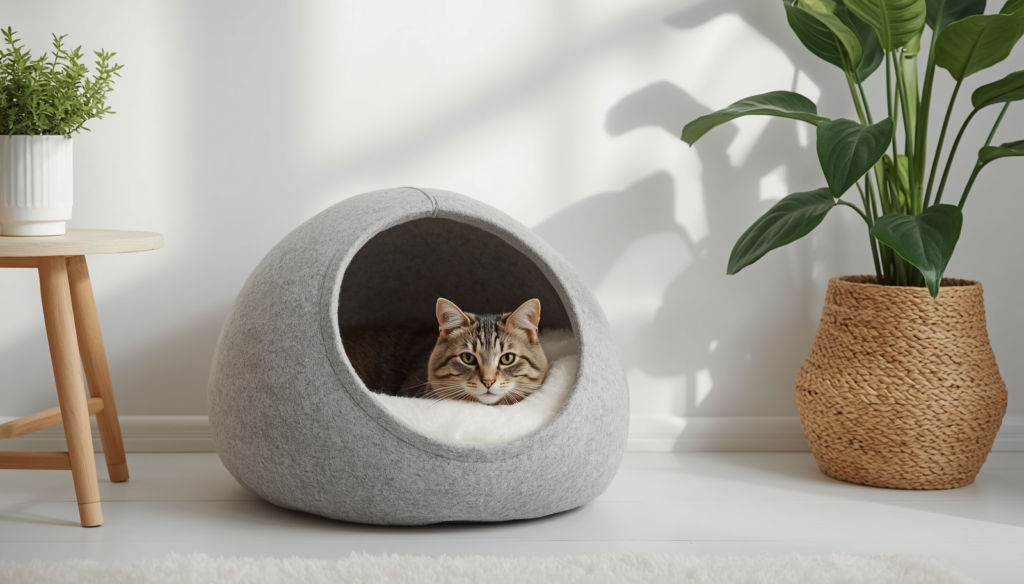 Eco-friendly natural wool felt cat cave bed in a scandinavian modern home