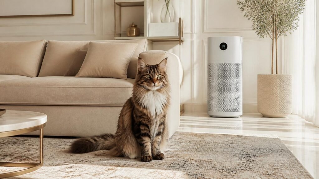 Luxurious pristine modern living room with a fluffy cat and a sleek smart air purifier