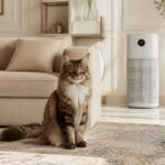 Luxurious pristine modern living room with a fluffy cat and a sleek smart air purifier