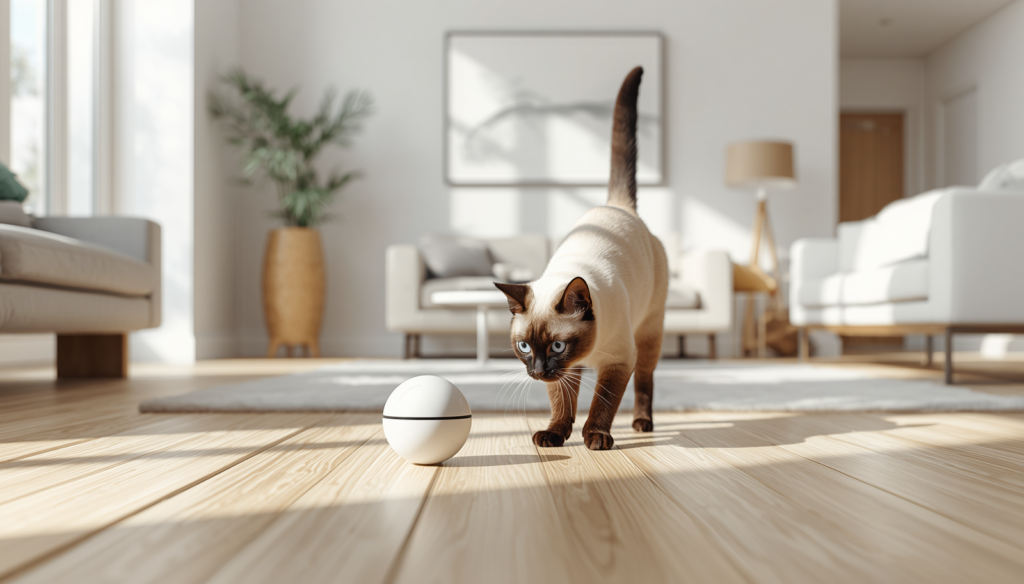 Luxury modern home living room with an elegant Siamese cat playing with a smart automated pet toy