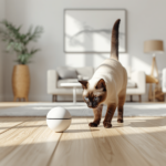 Luxury modern home living room with an elegant Siamese cat playing with a smart automated pet toy