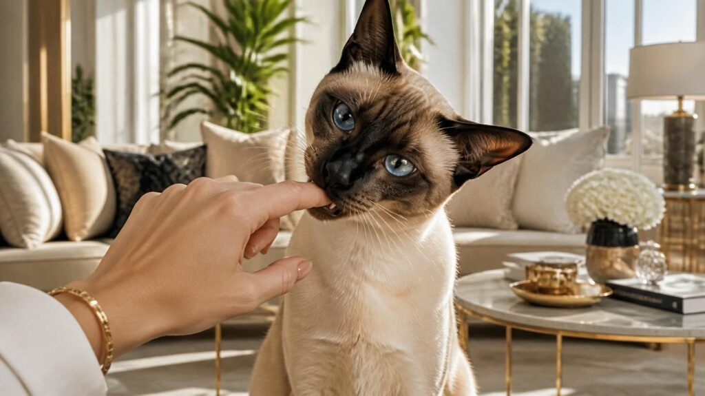 Elegant Siamese cat gently biting owner's hand in a modern luxury home