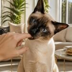 Elegant Siamese cat gently biting owner's hand in a modern luxury home