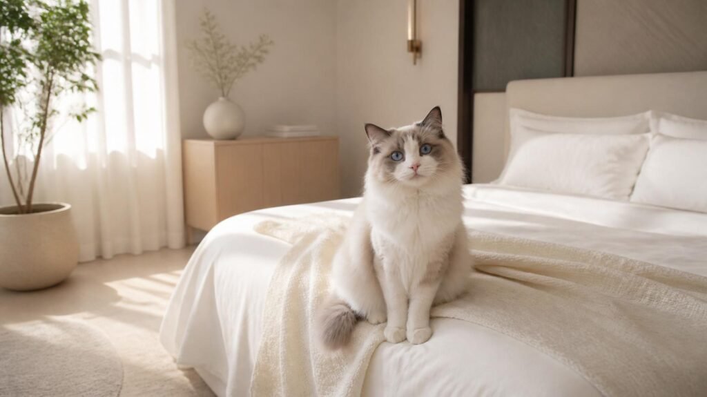 Fluffy cat sitting on a luxury bed in a modern home