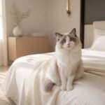 Fluffy cat sitting on a luxury bed in a modern home