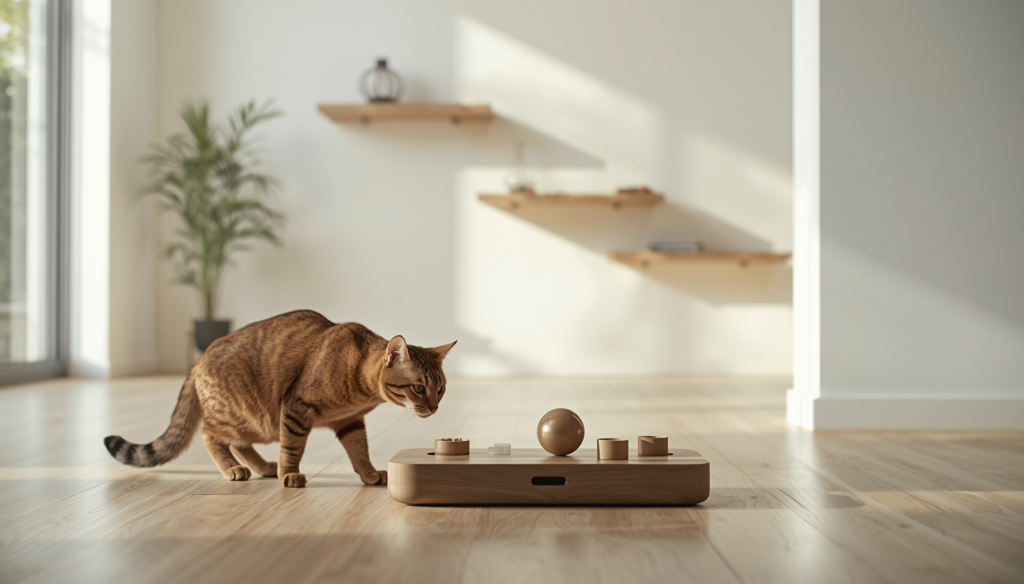 A high-end architectural shot of a modern, sunlit living room with minimalist white walls. A beautiful Abyssinian cat is focused and interacting with a sleek, wooden designer puzzle feeder on a clean hardwood floor. In the background, stylish floating cat shelves are visible on the wall.