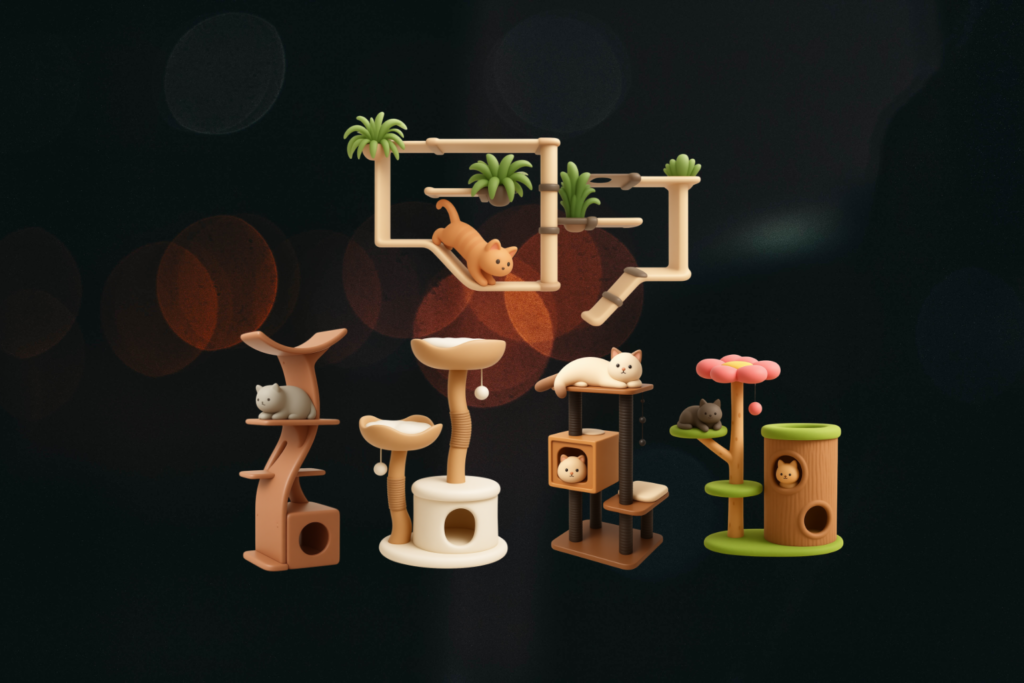 Five sculptural modern cat trees displayed in an elegant contemporary living room