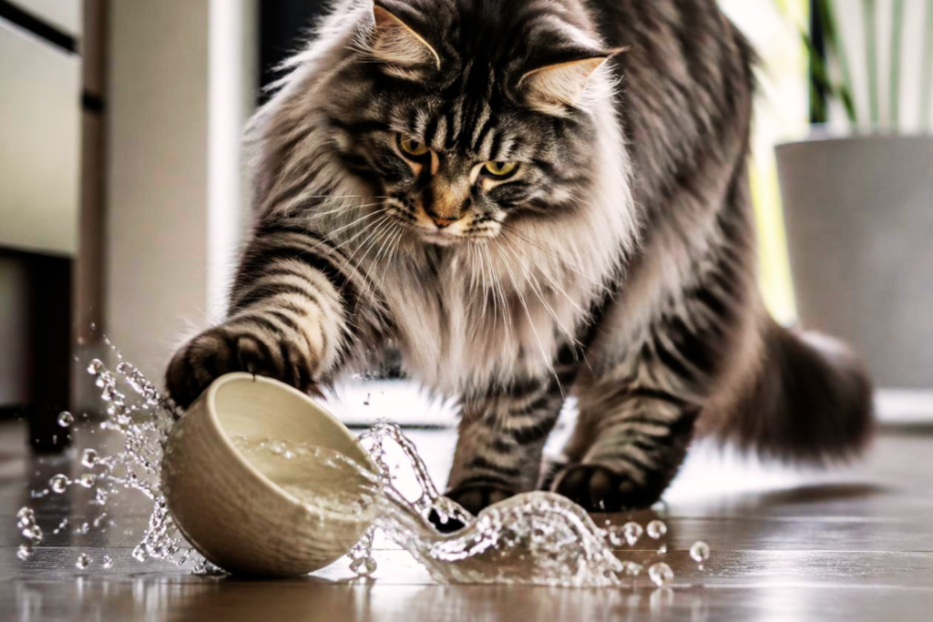 Indoor cat touching the surface of a water bowl with one paw