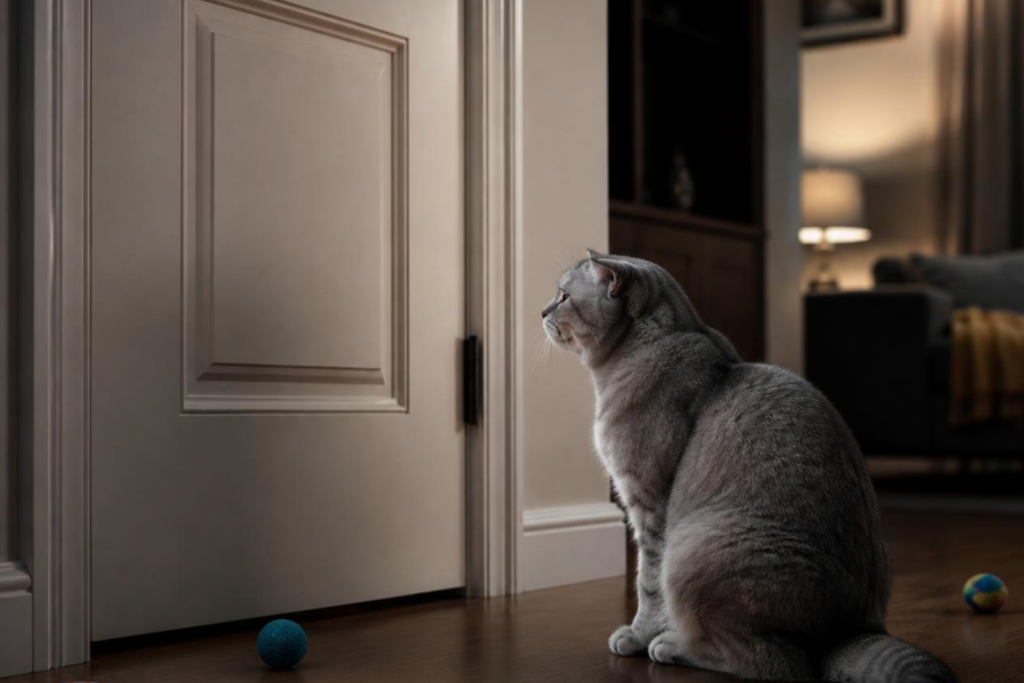 Capa Indoor Cat Has Separation Anxiety_ Indoor cat waiting near a front door in a modern apartment