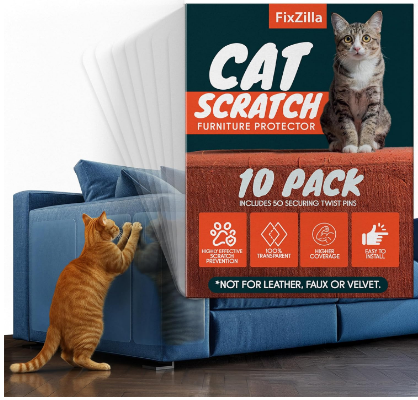 FixZilla Furniture Protector Anti Cat Scratch Furniture Protector, 10-Pack Couch Protector from Cat Claws - Heavy-Duty, Easy-to-Apply Scratching Deterrent and Shield for Sofa Corners, Walls, Doors- with 50 Twist Pins