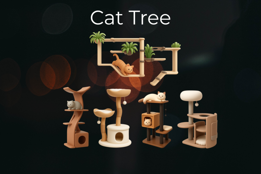 Modern Cat Trees Review Five sculptural modern cat trees displayed in an elegant contemporary living room