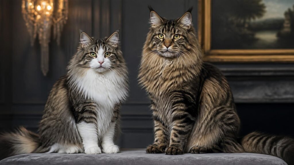 Norwegian Forest Cat and Maine Coon showing differences in head shape and coat